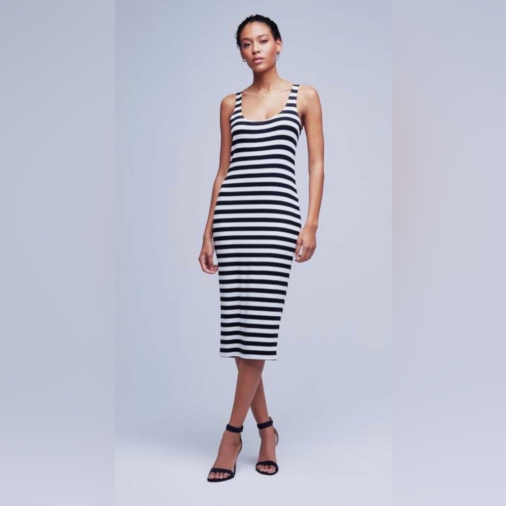 L’AGENCE Ivanna Navy & White Striped Ribbed Midi Tank Dress XS - Picture 6 of 10